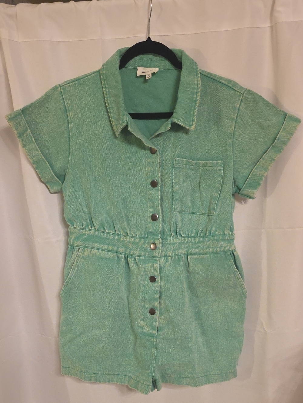 HEYSON Cotton Acid Washed Casual Mint Green Short-Sleeve Denim Romper Size M